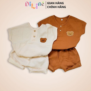 Đồ bộ mặc nhà DILIBÉ tay ngắn quần đùi gấu thêu Vải Muslin cao cấp cho bé trai bé gái