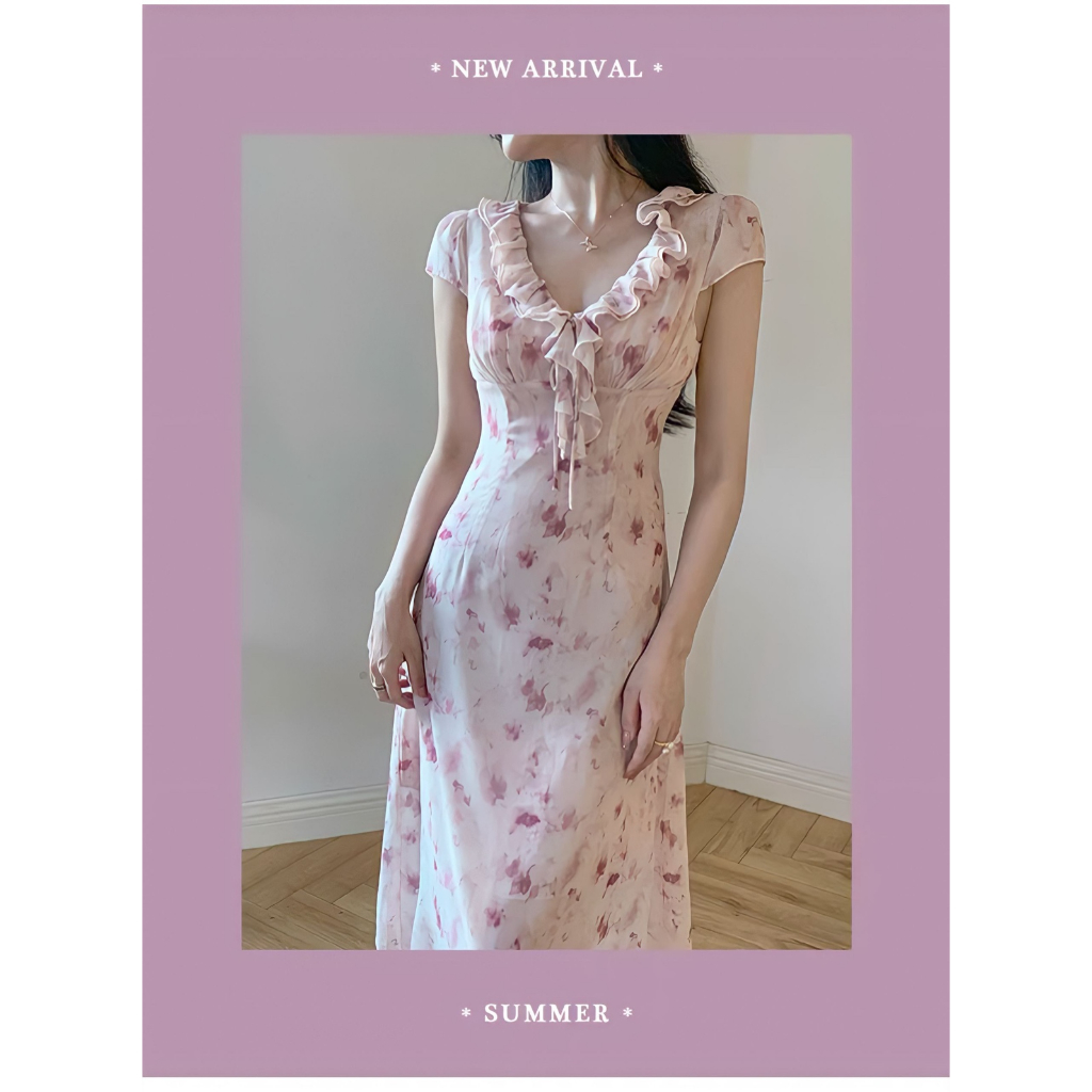 Đầm midi cổ chữ v viền nhún bèo họa tiết màu trendy thời trang xinh xắn cho nữ