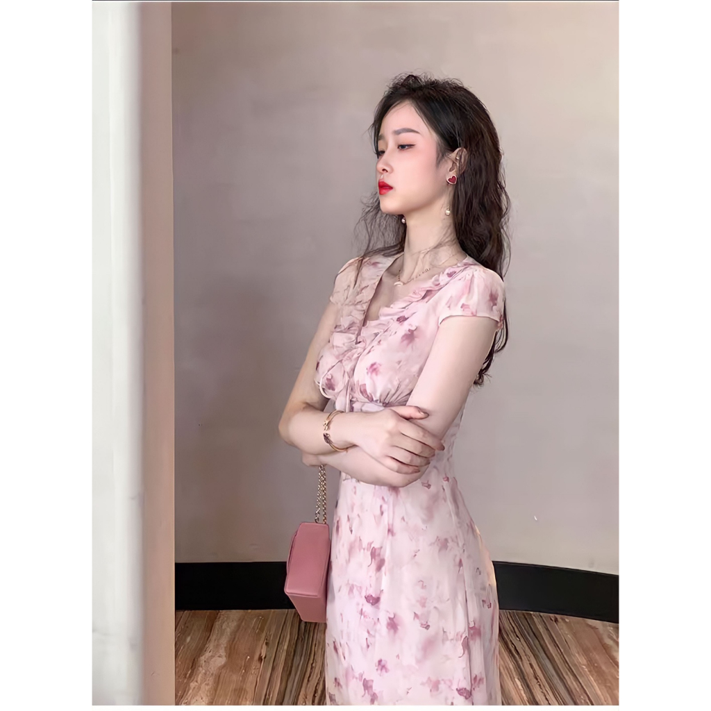 Đầm midi cổ chữ v viền nhún bèo họa tiết màu trendy thời trang xinh xắn cho nữ