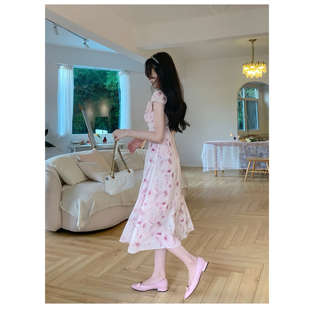 Đầm midi cổ chữ v viền nhún bèo họa tiết màu trendy thời trang xinh xắn cho nữ