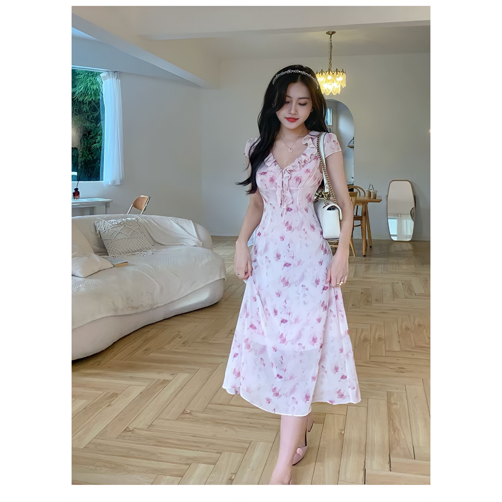 Đầm midi cổ chữ v viền nhún bèo họa tiết màu trendy thời trang xinh xắn cho nữ