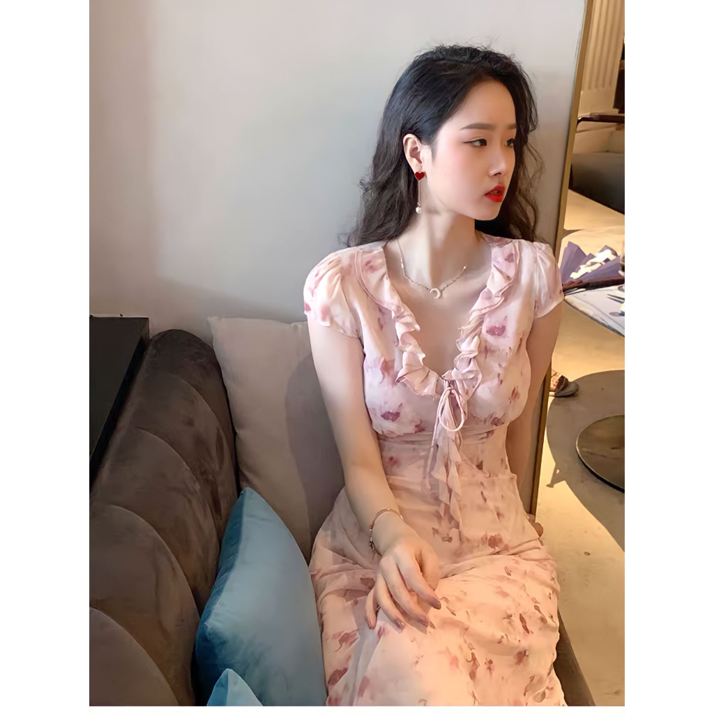 Đầm midi cổ chữ v viền nhún bèo họa tiết màu trendy thời trang xinh xắn cho nữ