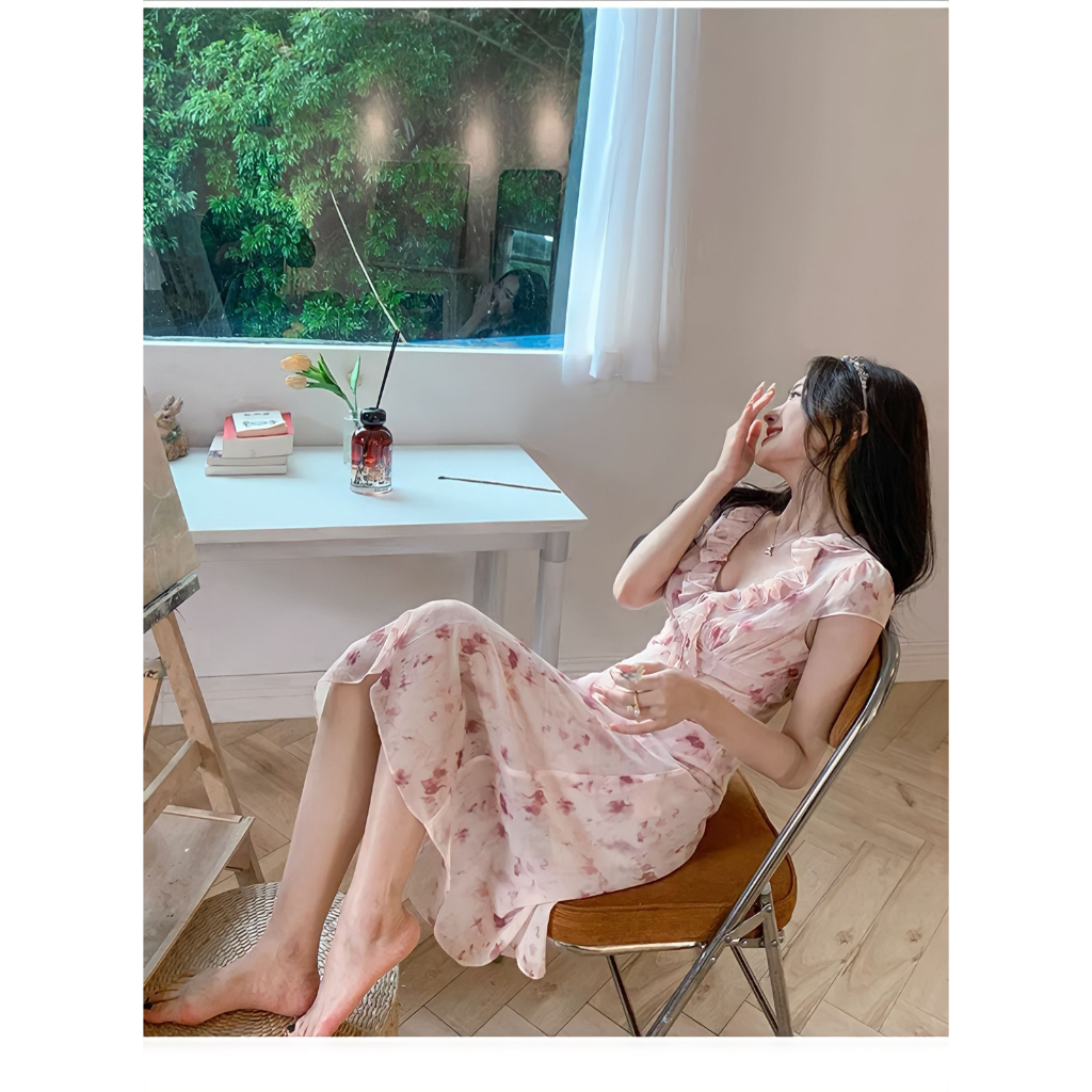 Đầm midi cổ chữ v viền nhún bèo họa tiết màu trendy thời trang xinh xắn cho nữ