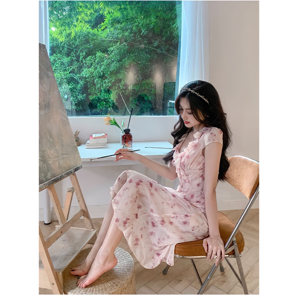 Đầm midi cổ chữ v viền nhún bèo họa tiết màu trendy thời trang xinh xắn cho nữ