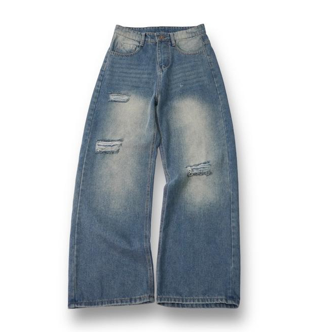 Quần Jean Ống Rộng Nam Nữ Unisex HEAVEN WASH Phối Rách Gối Hàng Cao Cấp JS30