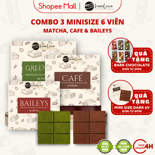 Socola Tươi Chocoline Combo 3 Hộp Mini 3 Vị Matcha Trà Xanh, Vị Đắng, Vị Baileys - Hàng Chính Hãng
