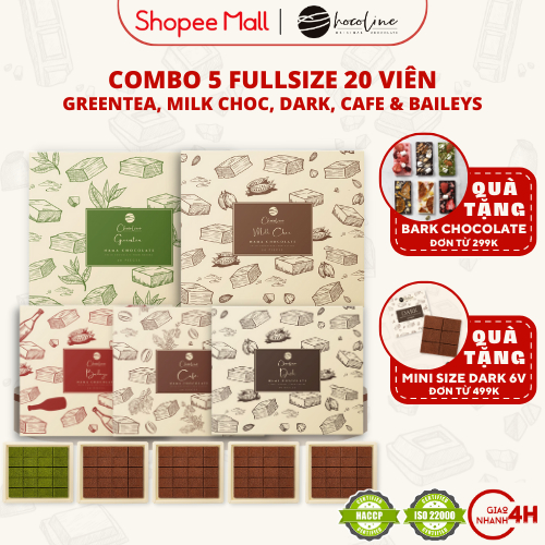 Socola Tươi Chocoline Combo 5 fullsize Vị Matcha, Baileys, Cafe, Milk Choc, Dark - Hàng Chính Hãng