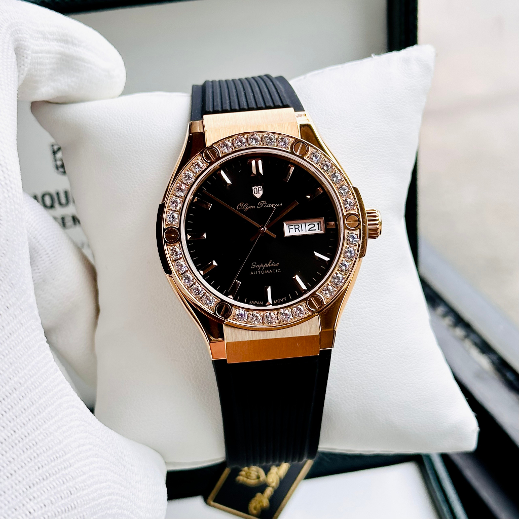 Đồng hồ nam dây cao su Olym Pianus OP990-45 Black Viền Rose