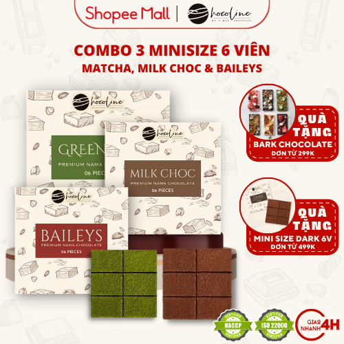 Socola Tươi Chocoline Mini Vị Matcha Trà Xanh & Vị Sữa Milk Choc & Vị Kem Sữa Baileys - Combo 3 Hộp 6 Viên