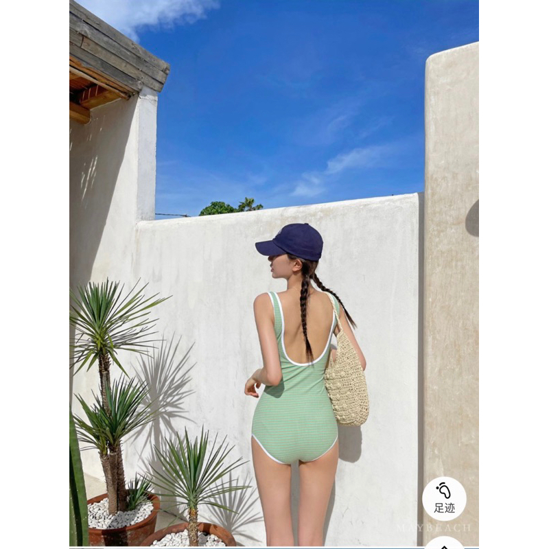 Bộ đồ bơi , bikini liền thân sát nách xanh kẻ thời trang QCCC (có sẵn) | BigBuy360 - bigbuy360.vn