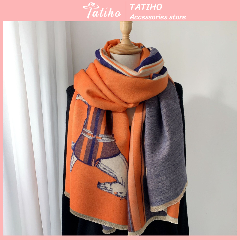 Khăn Cashmere len dày dặn dặn họa tiết ngựa phối màu sang trọng, Khăn choàng cổ len thời trang thu đông - Mã LN120