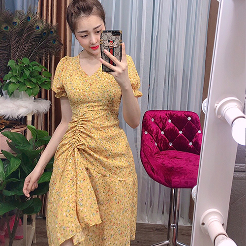 Đầm Hoa Nhí Ngắn Xẻ Tà Rút Dây Dễ Thương Bigsize Thoải Mái Mềm Mại Giá Rẻ Chất Lượng Anquachi A010