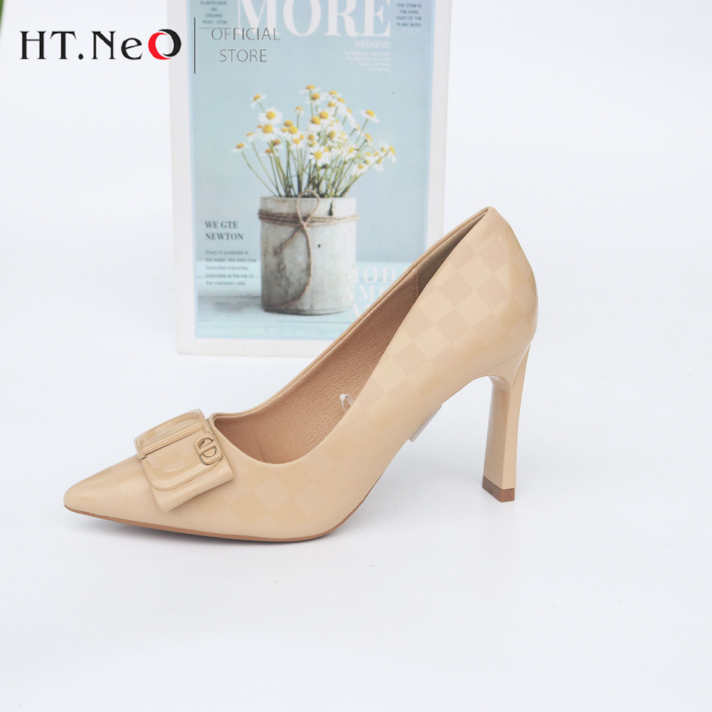 Giày Cao Gót Nữ HT.NEO Da Cao Cấp Mũi Nhọn  ,Thiết Kế Nơ Vuông ,Gót Cao 8Cm CS03