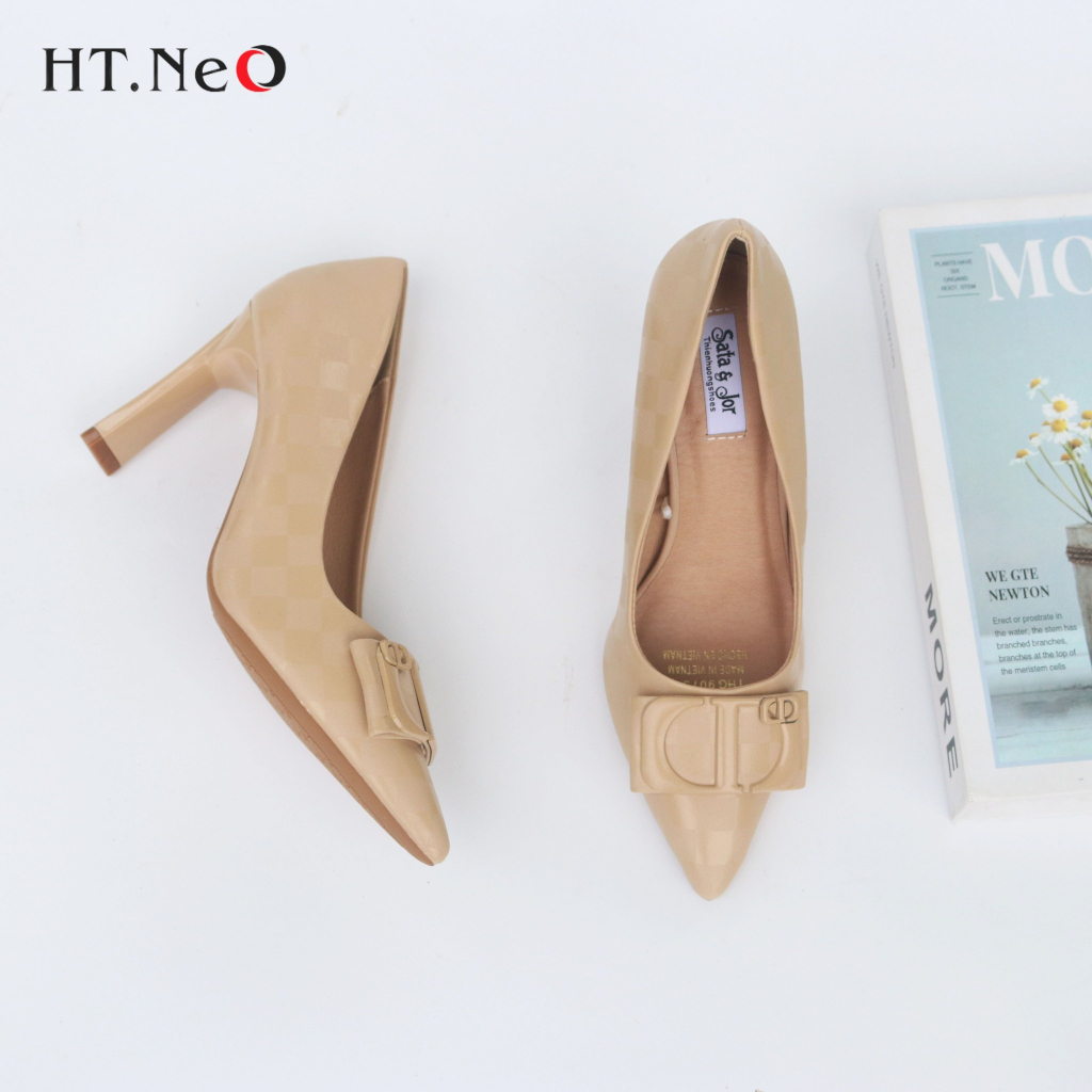 Giày Cao Gót Nữ HT.NEO Da Cao Cấp Mũi Nhọn  ,Thiết Kế Nơ Vuông ,Gót Cao 8Cm CS03
