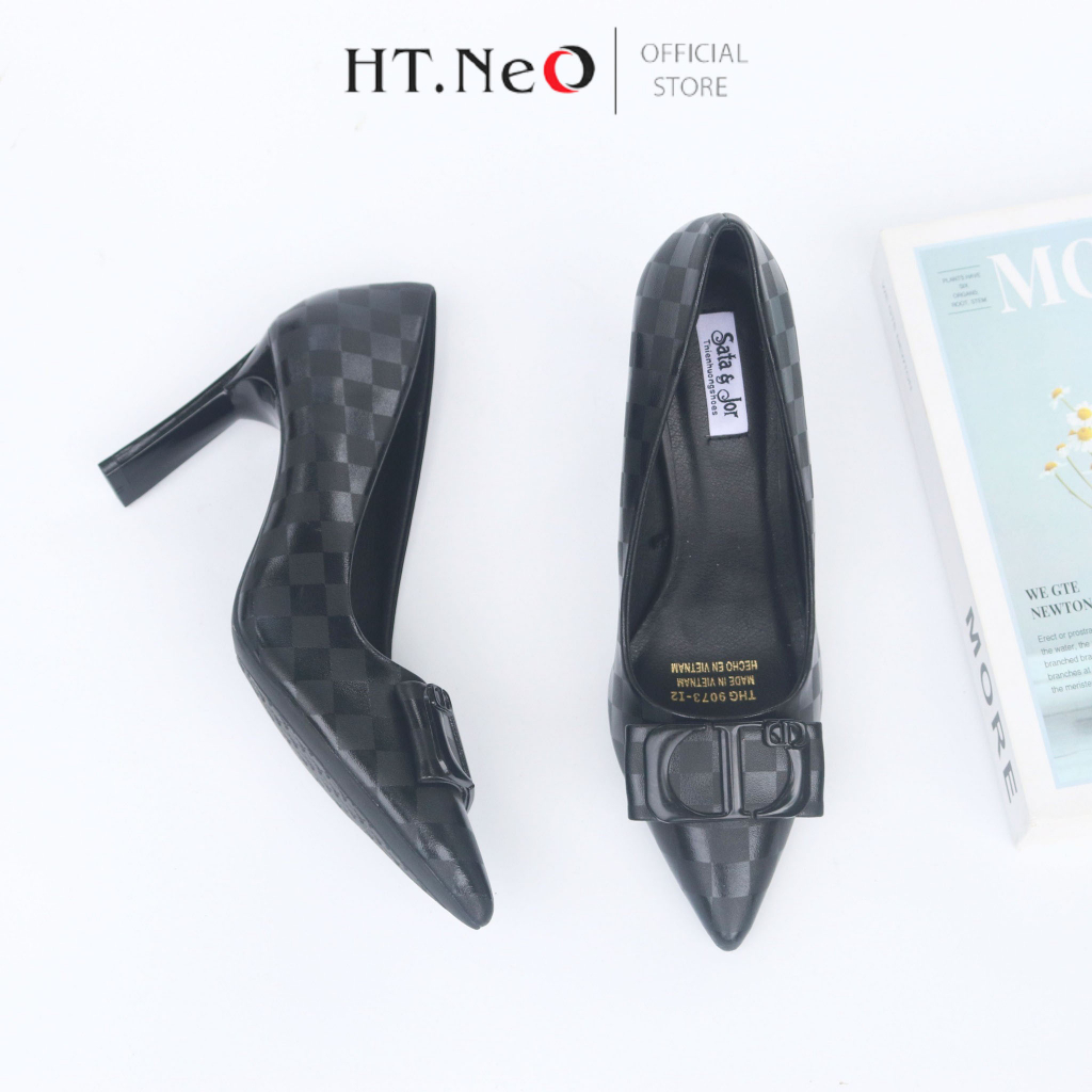Giày Cao Gót Nữ HT.NEO Da Cao Cấp Mũi Nhọn  ,Thiết Kế Nơ Vuông ,Gót Cao 8Cm CS03