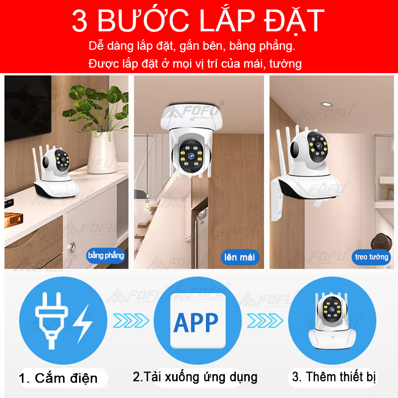 Camera wifi ip 360, QUAN SÁT RÕ NGÀY VÀ ĐÊM, KÈM THẺ NHỚ，5 ăng-ten，lưu trữ đám mây, tầm nhìn ban đêm đầy đủ màu sắc