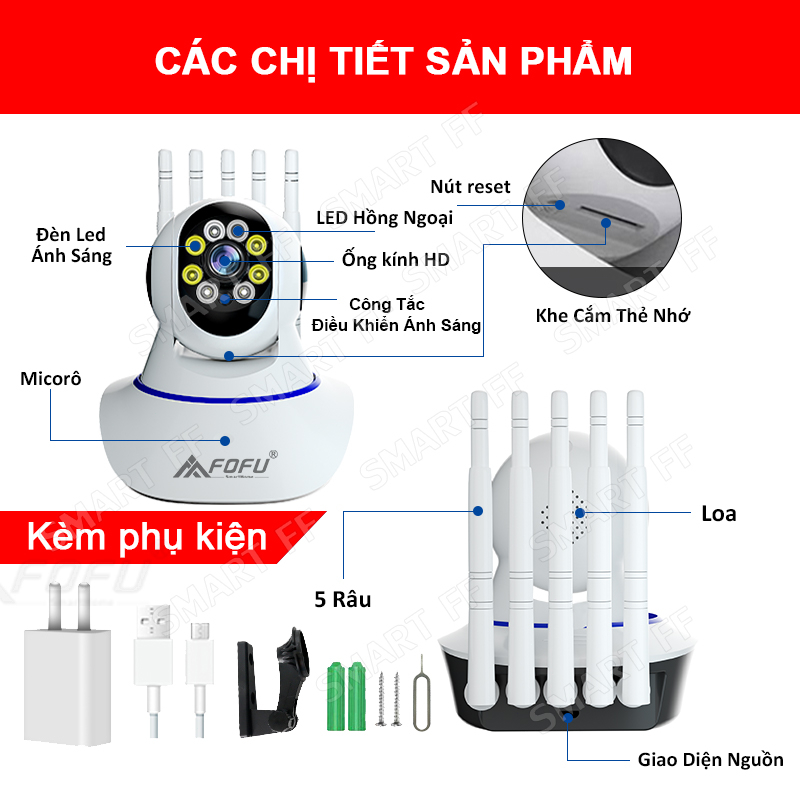 Camera wifi ip 360, QUAN SÁT RÕ NGÀY VÀ ĐÊM, KÈM THẺ NHỚ，5 ăng-ten，lưu trữ đám mây, tầm nhìn ban đêm đầy đủ màu sắc