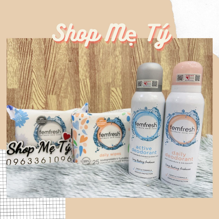 Xịt Thơm Mát Vùng Kín Femfresh Active, Daily Deodorant Spray 125ml - Khăn ướt vùng kín Sensitive, Daily 25 miếng