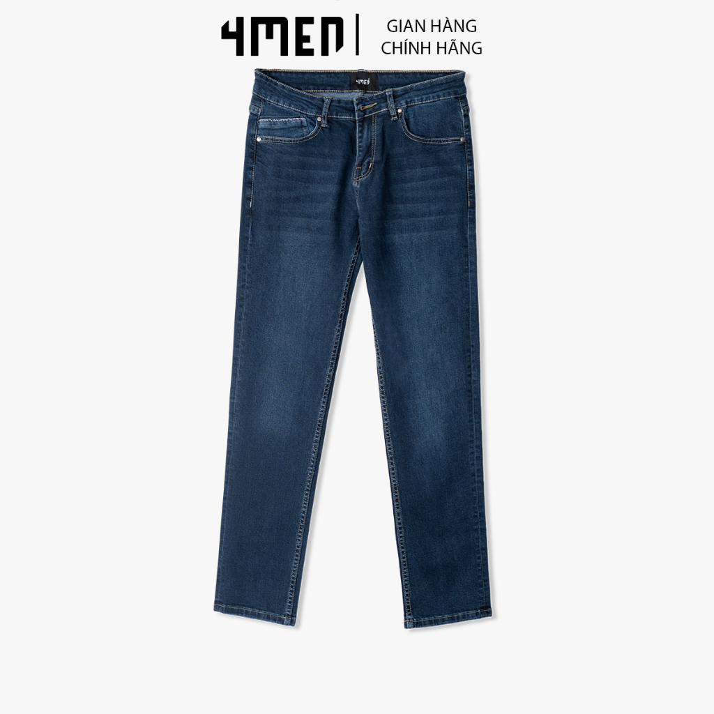 Quần Jeans Xanh Regular Phối Dây Viền 4MEN QJ074, vải cotton mềm mại kết hợp spandex co giãn, thoải mái và thoáng khí