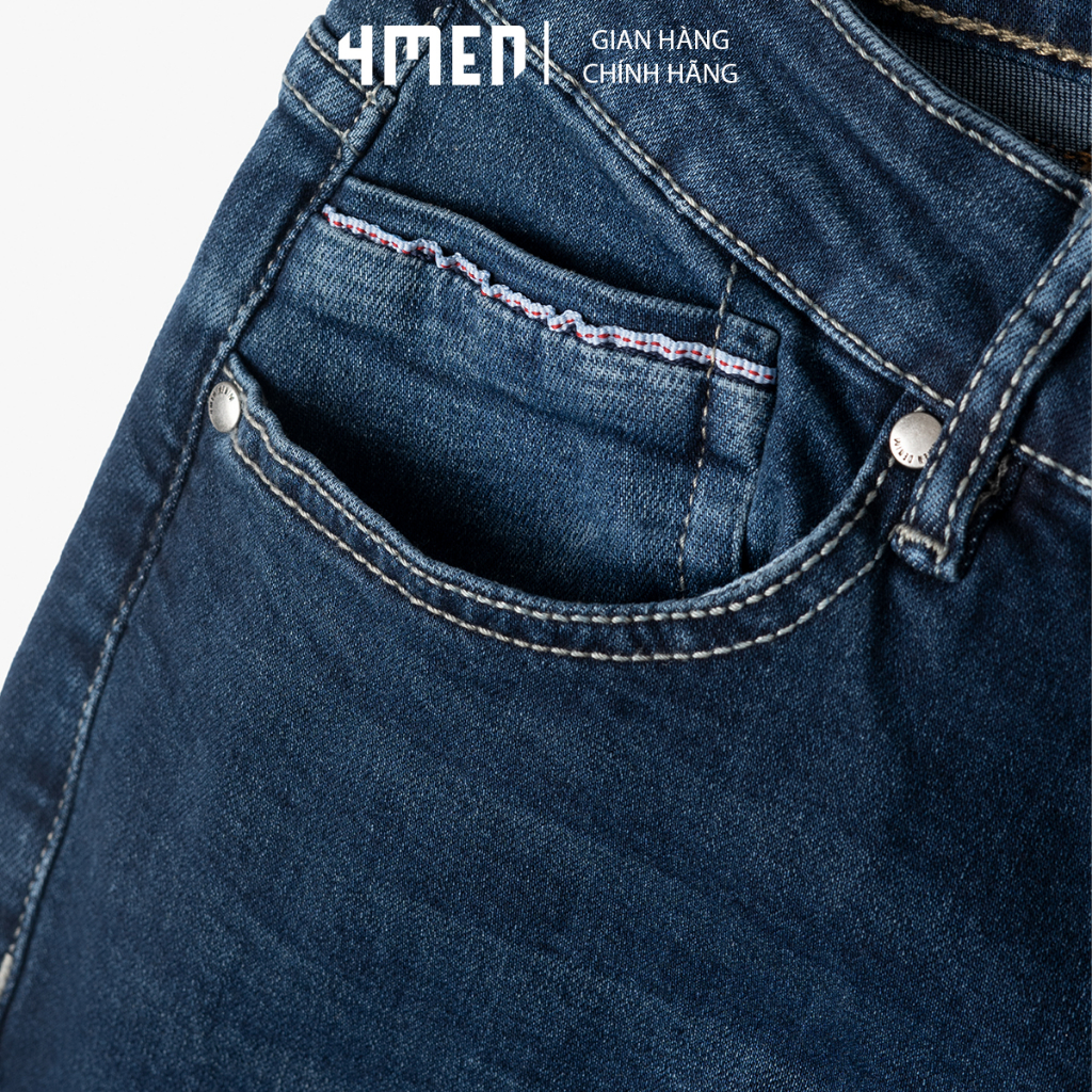 Quần Jeans Xanh Regular Phối Dây Viền 4MEN QJ074, vải cotton mềm mại kết hợp spandex co giãn, thoải mái và thoáng khí