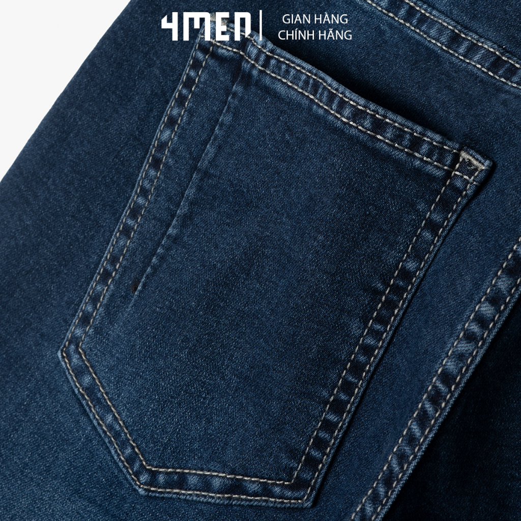 Quần Jeans Xanh Regular Phối Dây Viền 4MEN QJ074, vải cotton mềm mại kết hợp spandex co giãn, thoải mái và thoáng khí