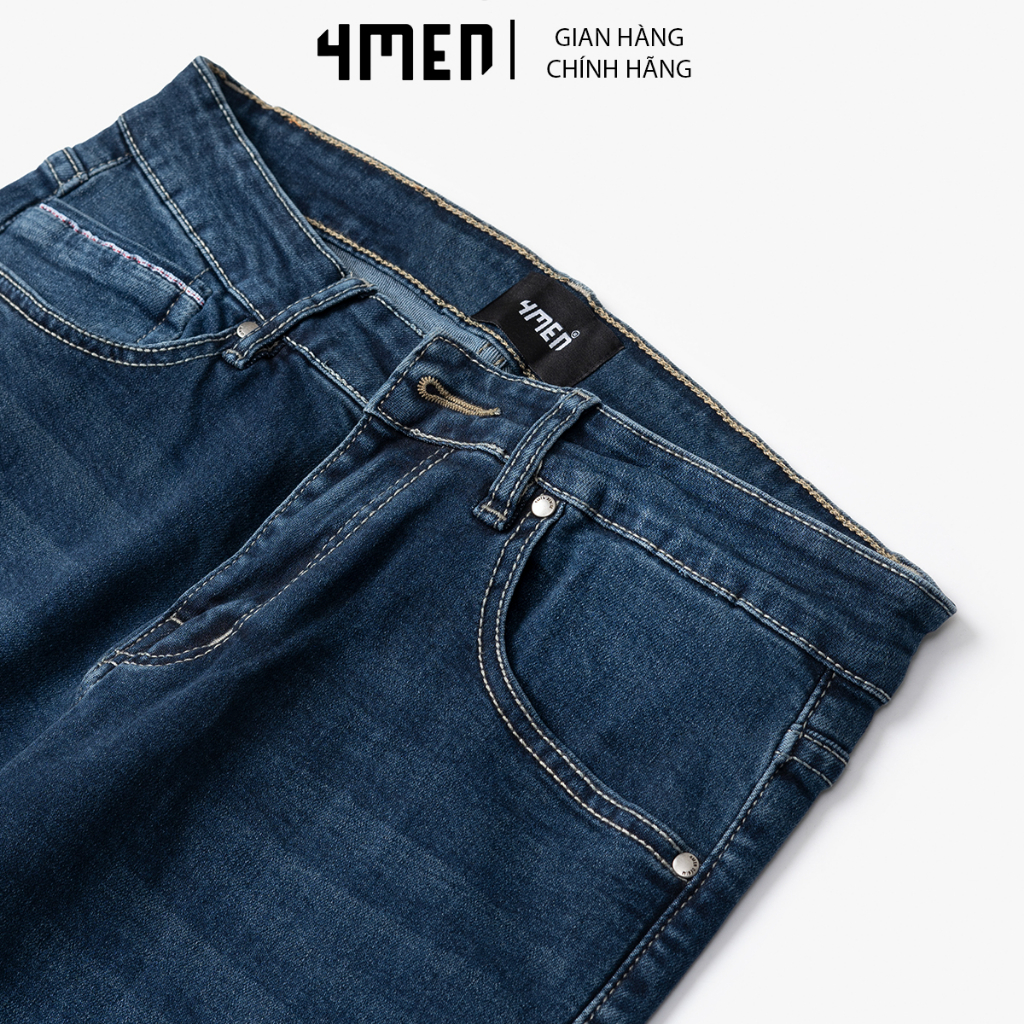 Quần Jeans Xanh Regular Phối Dây Viền 4MEN QJ074, vải cotton mềm mại kết hợp spandex co giãn, thoải mái và thoáng khí