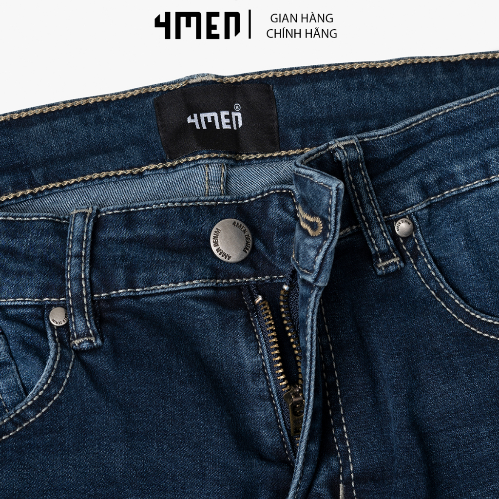 Quần Jeans Xanh Regular Phối Dây Viền 4MEN QJ074, vải cotton mềm mại kết hợp spandex co giãn, thoải mái và thoáng khí