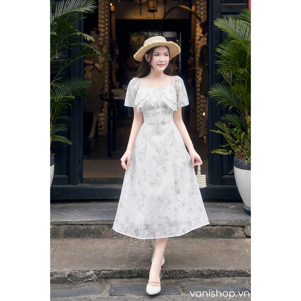 Váy hoa cổ vuông bèo ngực dáng dài nhẹ nhàng - Vanishop - V5496