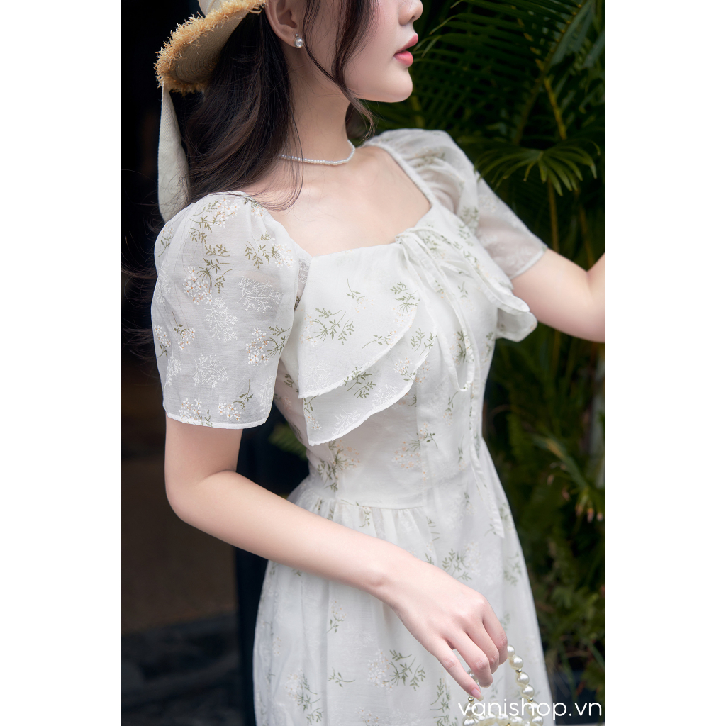 Váy hoa cổ vuông bèo ngực dáng dài nhẹ nhàng - Vanishop - V5496