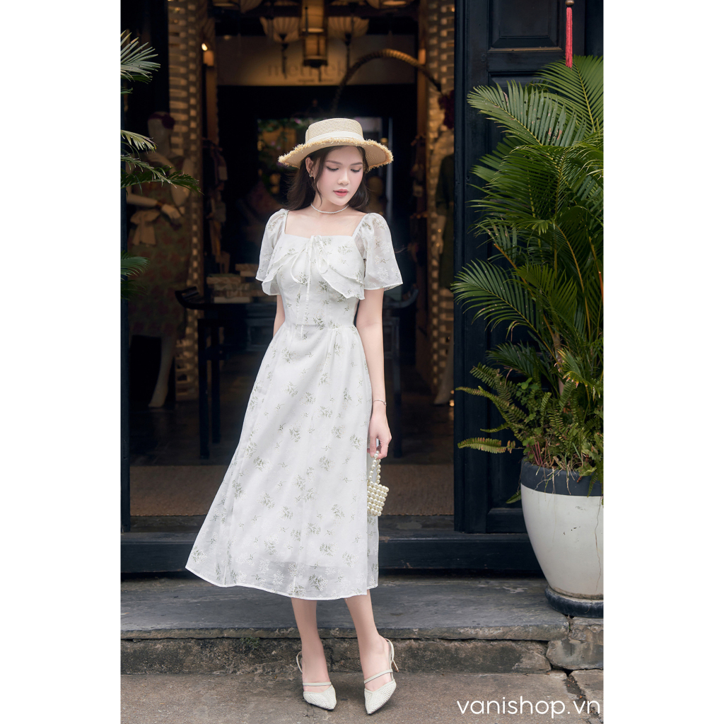 Váy hoa cổ vuông bèo ngực dáng dài nhẹ nhàng - Vanishop - V5496