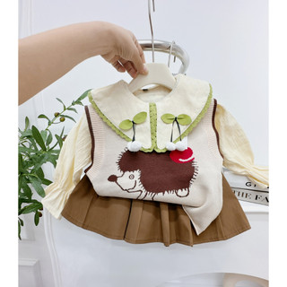 Set 3 món áo sơ mi chân váy kèm gile len cừu chất đẹp cho bé gái 1-5 tuổi