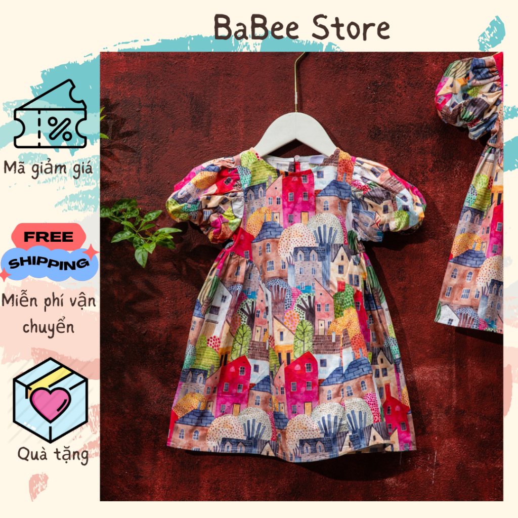 Váy Bé Gái Thiết Kế Tay Bồng Dáng BabyDoll Đầm Bé Gái Đi Học Váy Đi Chơi Cho Bé