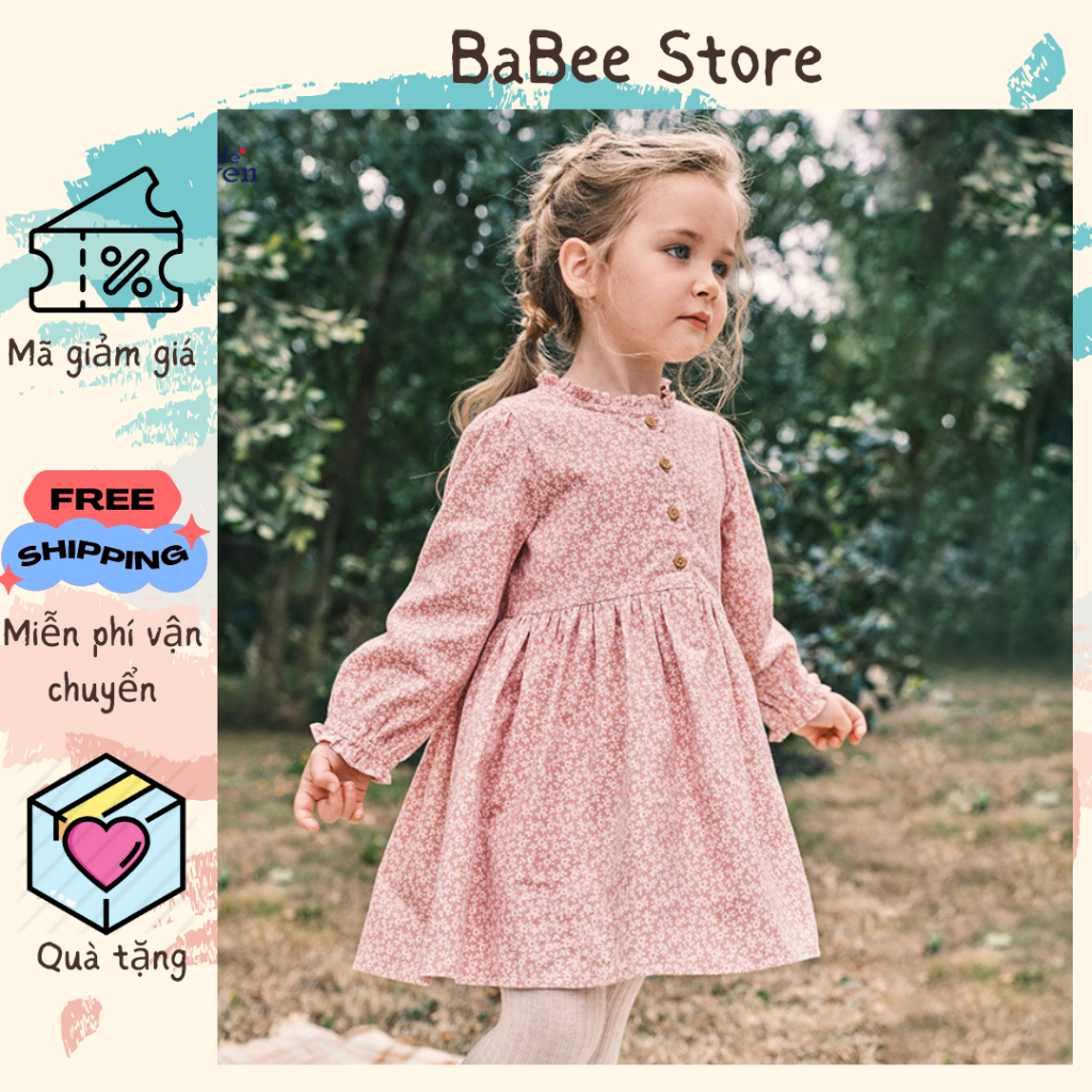 Váy đầm bé gái dáng babydoll dài tay cho bé đi học, đi chơi