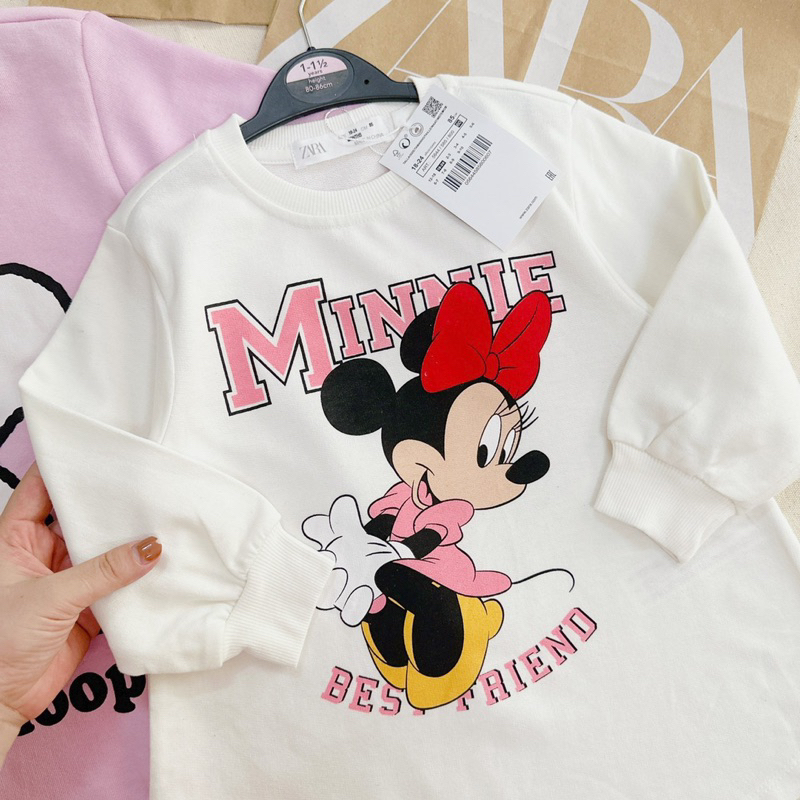 Set 2 váy mickey snoopy nỉ da cá siêu dày dặn, váy cổ tròn thu đông dài tay bé gái có bo gấu tay màu Hồng trắng xinh