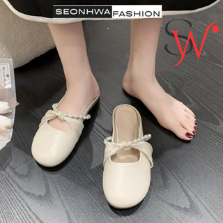 Giày búp bê nữ quai ngang SEONHWA cao 1.5cm quai nơ đính hạt ngọc siêu dễ thương và sang trọng G9077