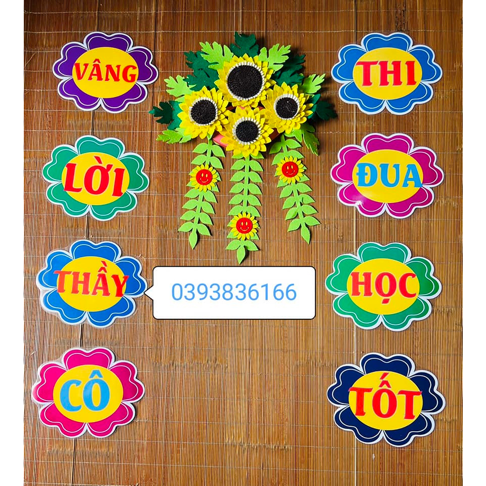 Bộ khẩu hiệu 8 chữ  - Trang trí lớp học: chất liệu ép plastic, kích thước a4, sẵn băng kéo dán tường