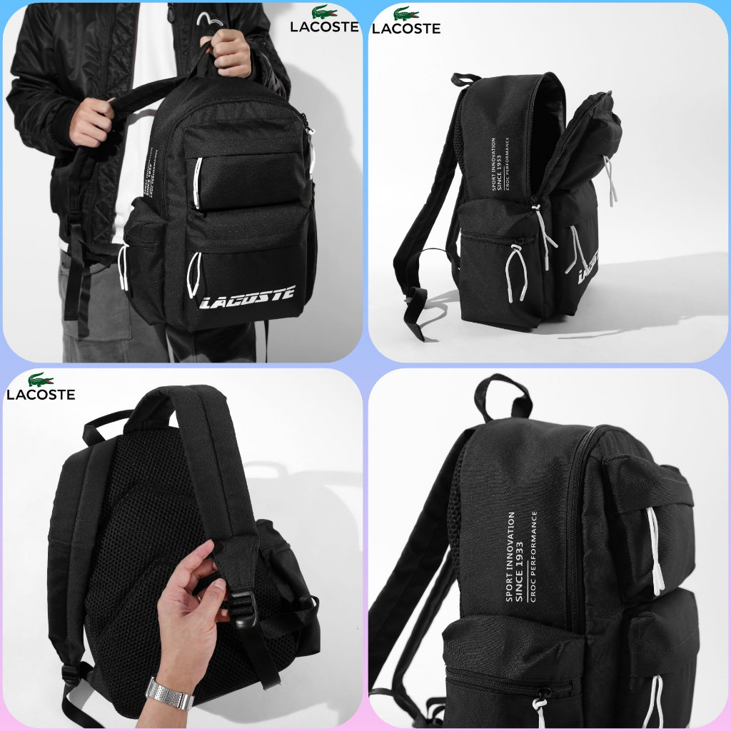Balo thời trang đi học Lacoste màu đen da si sần chống nước, chuẩn hãng