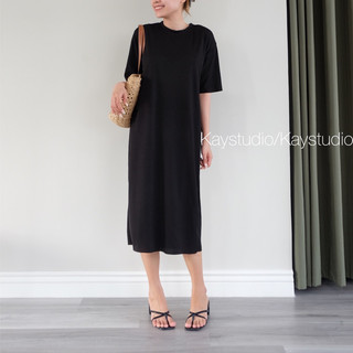 Đầm suông tay ngắn mỏng mịn đen/xám