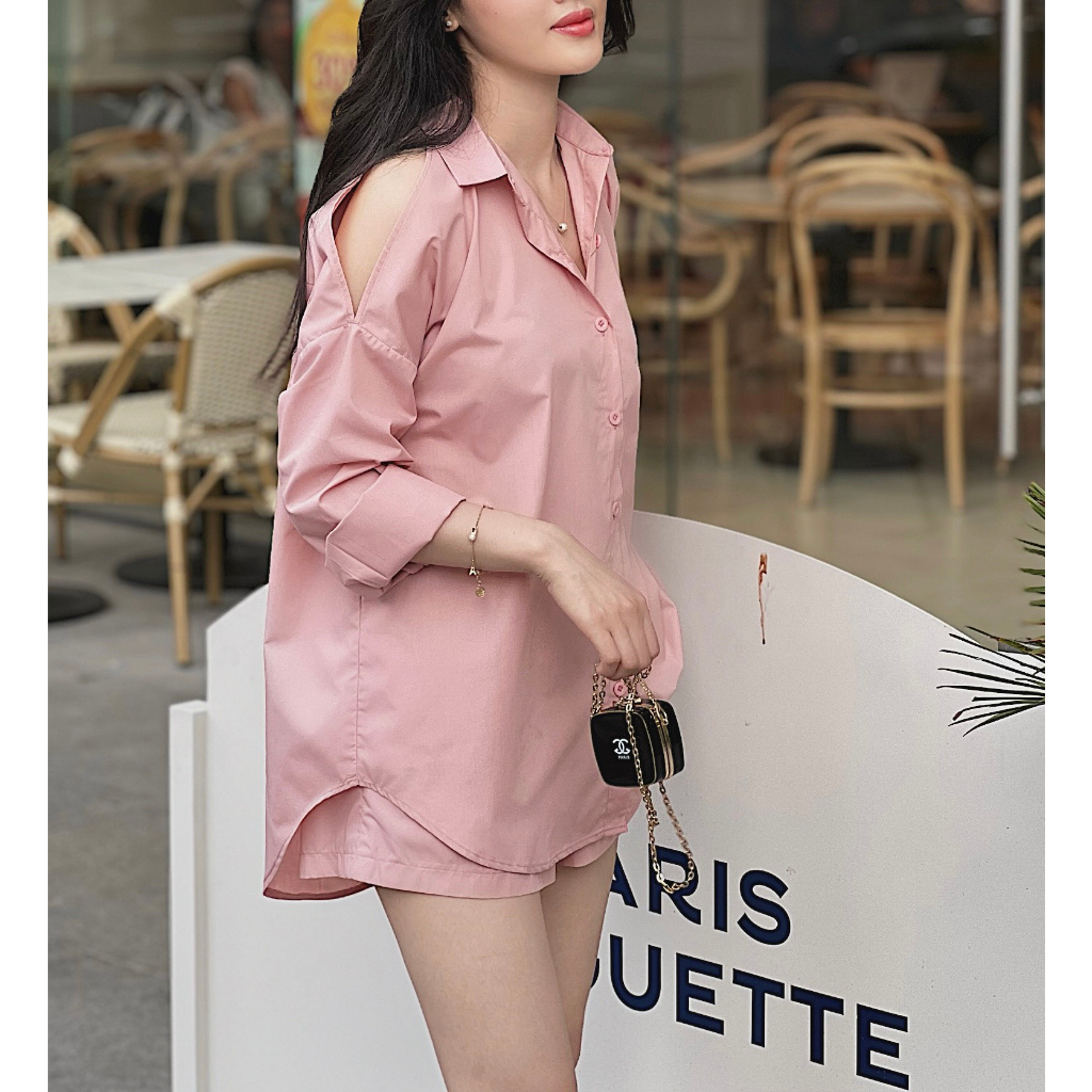 Set đồ nữ áo sơ mi nữ form dài giấu quần — Kiểu hở vai cá tính + quần short lưng thun - chất kate lụa