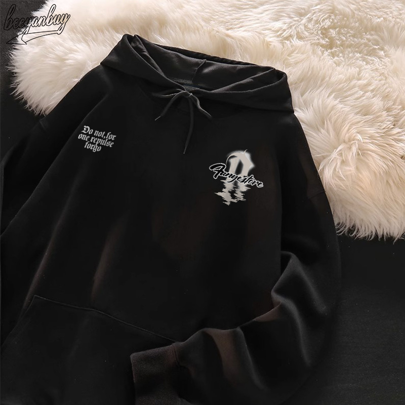 Áo Hoodie Cotton nam BEEYANBUY áo dài tay form rộng basic in hình unisex 100% cotton-Y0233