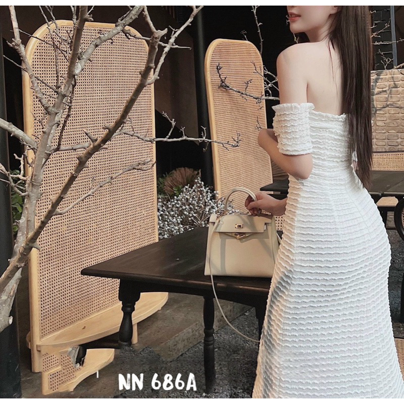 Đầm Ren Xốp Trễ Vai Nơ Ngực Maxi Dáng Dài Mặc Đi Tiệc Đi Chơi Xinh Xắn