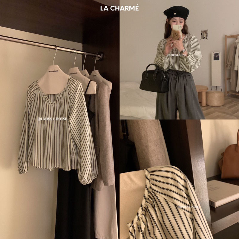 Áo kẻ sọc cổ tròn buộc dây I MISS 70093