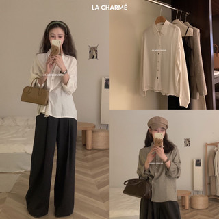 𝗟𝗔 𝗖𝗛𝗔𝗥𝗠𝗘́ | áo sơ mi linen cúc lệch imiss 60162
