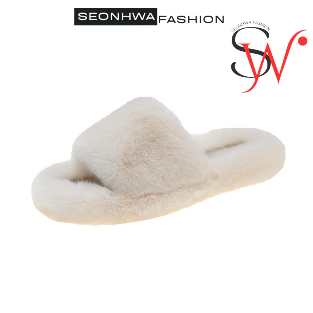 Dép lông đi trong nhà cao cấp SEONHWA cao 2.5cm quai ngang phủ lông dày siêu dễ thương G516