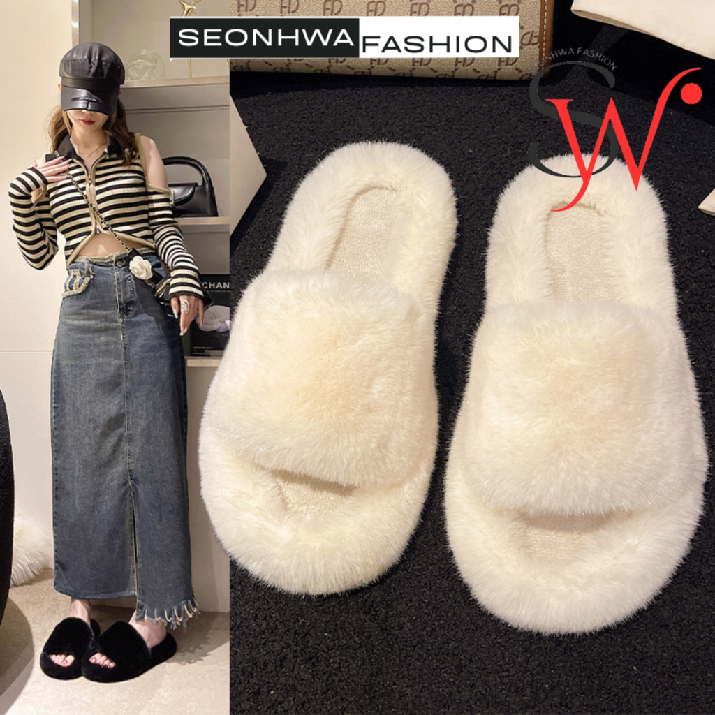 Dép lông đi trong nhà cao cấp SEONHWA cao 2.5cm quai ngang phủ lông dày siêu dễ thương G516