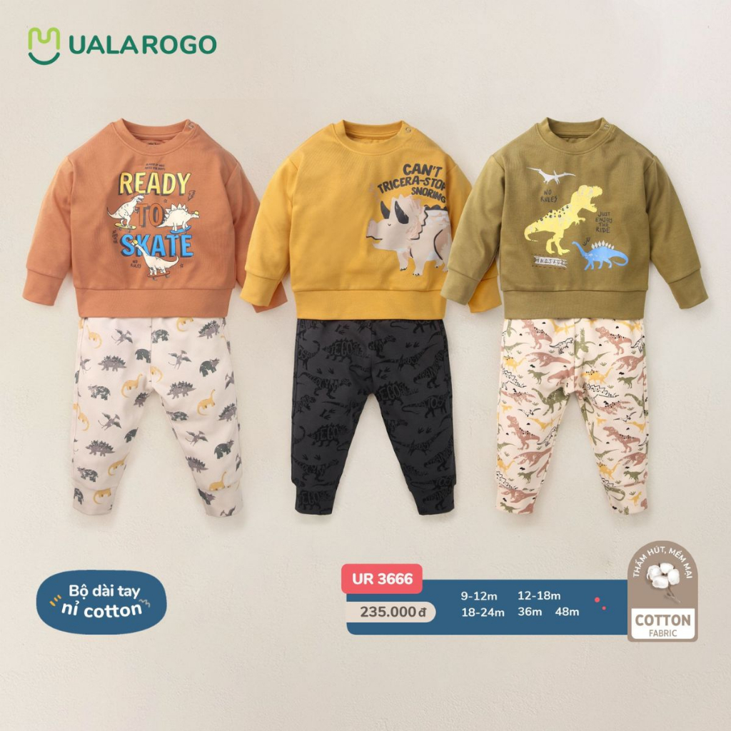 Bộ thu đông cho bé Ualarogo 9 tháng - 4 tuổi cotton nỉ cúc vai dài tay ấm thoáng 3666