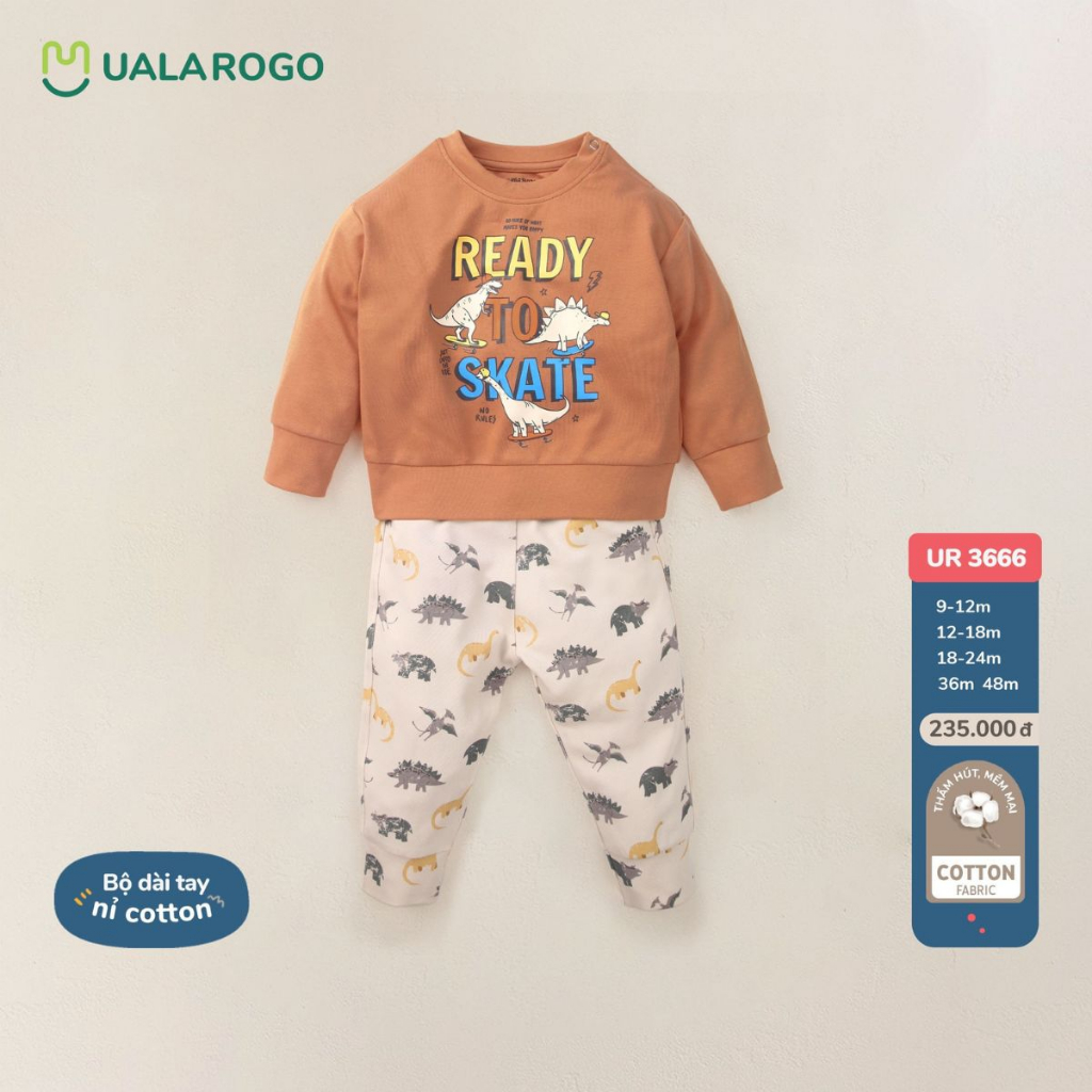 Bộ thu đông cho bé Ualarogo 9 tháng - 4 tuổi cotton nỉ cúc vai dài tay ấm thoáng 3666