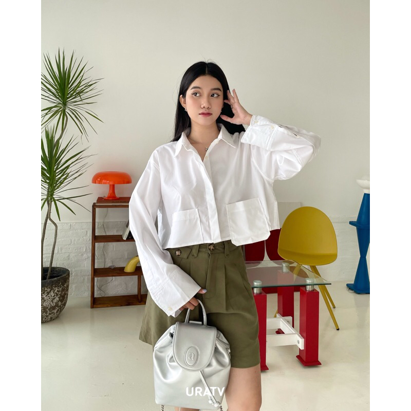 Áo crop sơmi suông rộng tay dài túi dư XỊN Z265