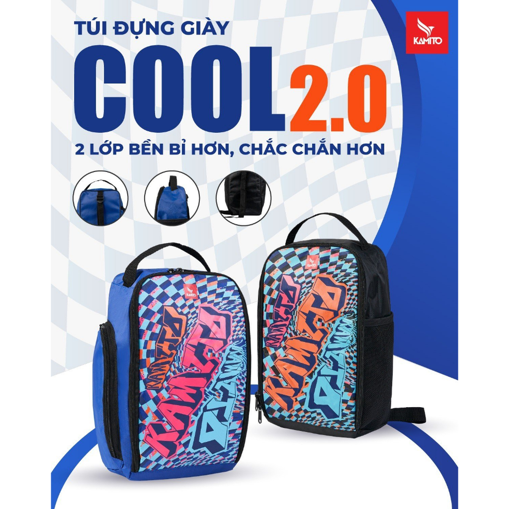 Túi đựng giày Kamito Cool 2.0 gồm 2 lớp cao cấp giúp chiếc túi chắc chắn, chống thấm nước, bảo vệ đồ dùng của bạn