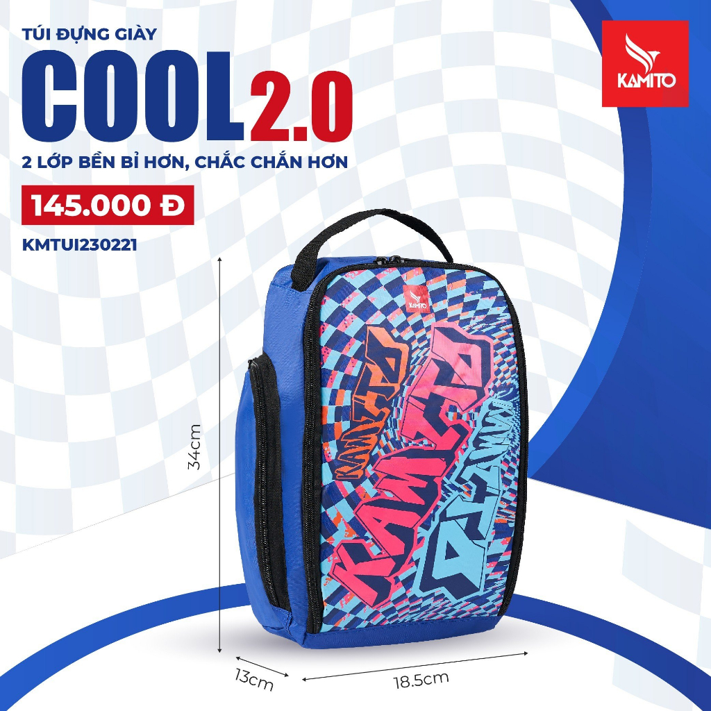 Túi đựng giày Kamito Cool 2.0 gồm 2 lớp cao cấp giúp chiếc túi chắc chắn, chống thấm nước, bảo vệ đồ dùng của bạn